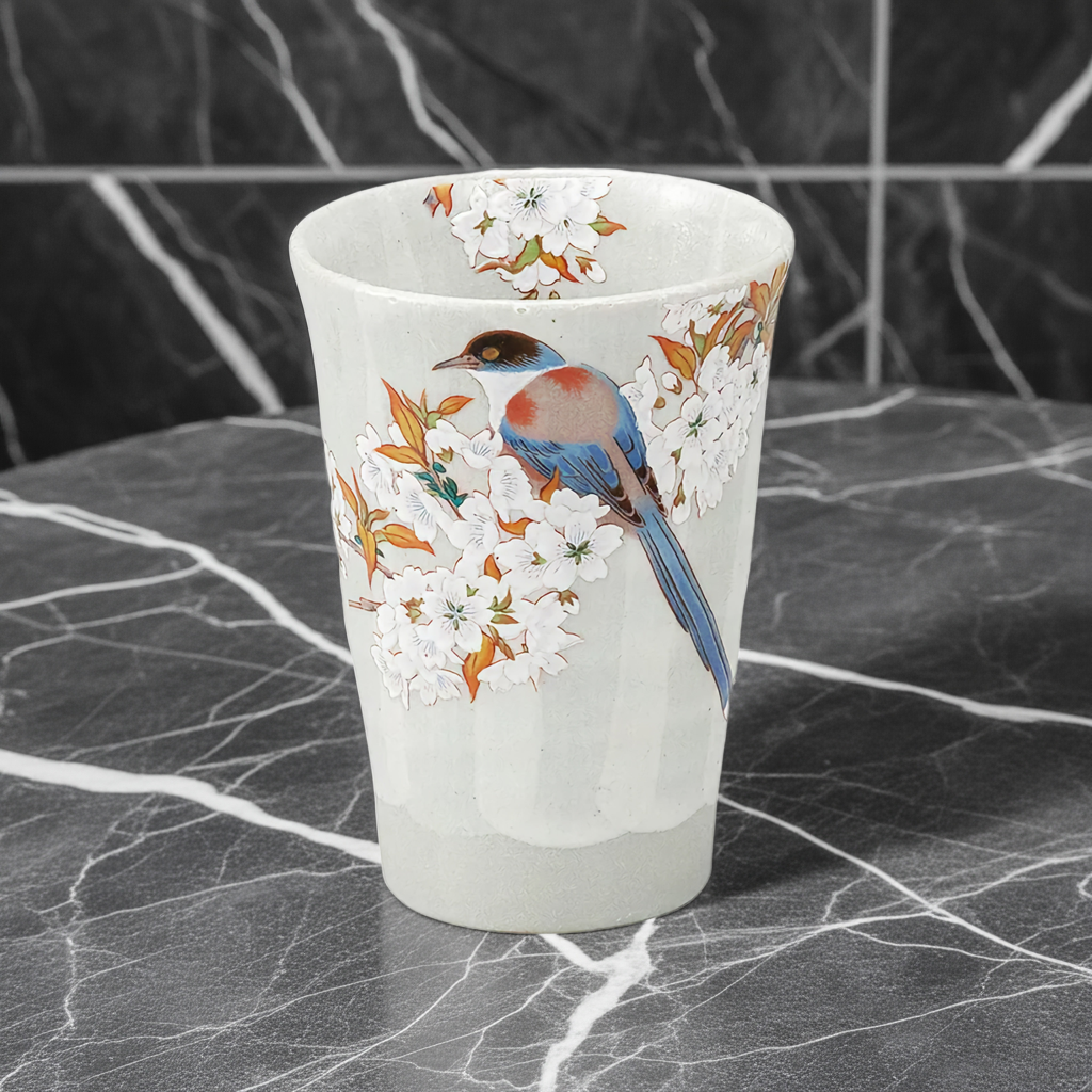 KUTANI WARE FREE CUP BIRD WITH WILD CHERRY BLOSSOMS