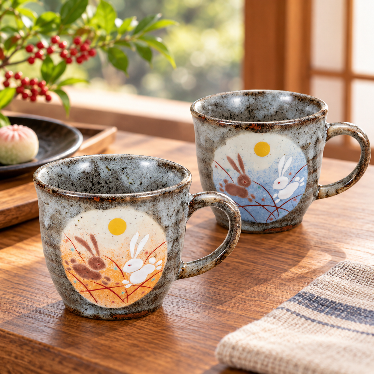 KUTANI JAPANESE PAIR OF MUGS HOPPING RABBIT