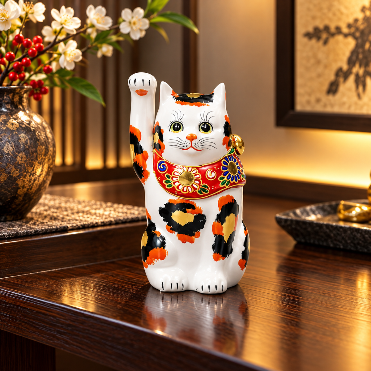 KUTANI WARE LUCKY CAT ‘KIN-MIKE’ – HAND-PAINTED MANEKI NEKO (GOLDEN CALICO)