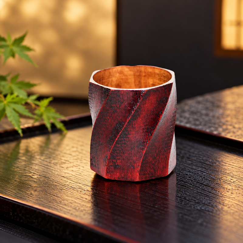 YAMANAKA LACQUERWARE MAPLE(KAEDE) ROCK CUP – SPIRAL RED