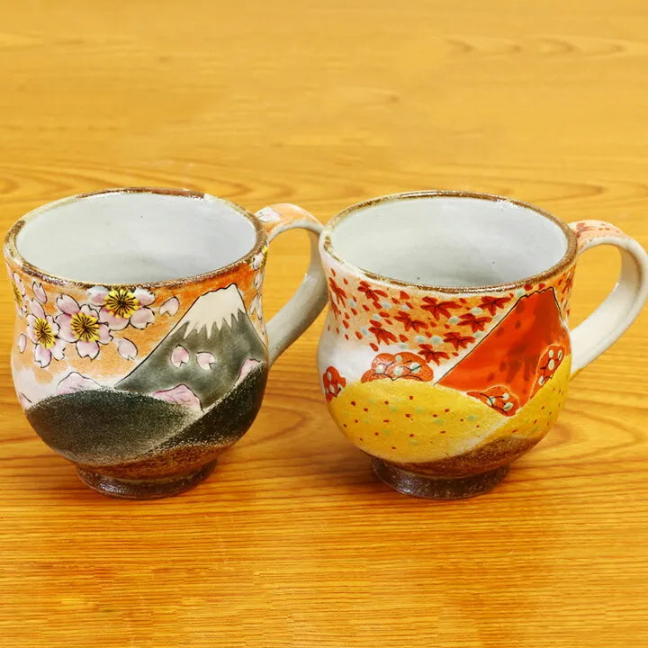 KUTANI WARE PAIR OF MUGS – HANDCRAFTED JAPANESE PORCELAIN ‘SPRING FUJI & AUTUMN FUJI’ BY YOSHINORI FUKUDA