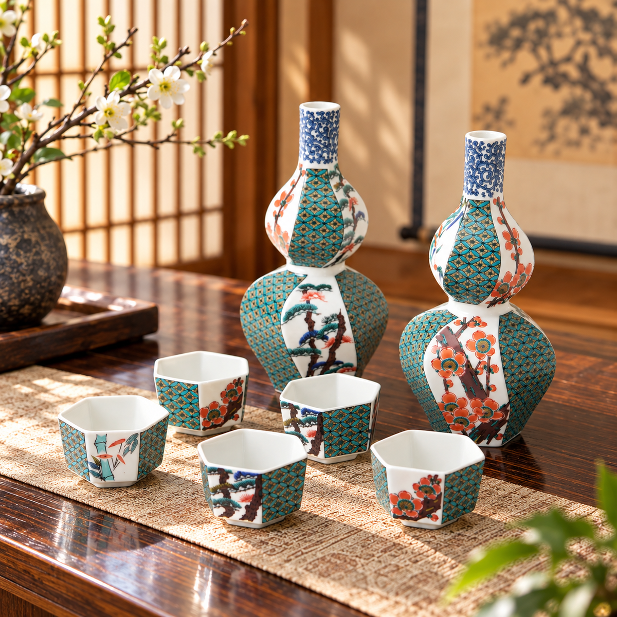 JAPANESE KUTANI SAKE SET KO-KUTANI PINE, BAMBOO & PLUM