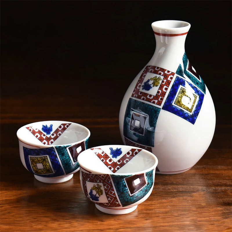 KUTANI JAPANESE SAKE SET KO-KUTANI STYLE ISHIDATAMI/TAISHI KLIN