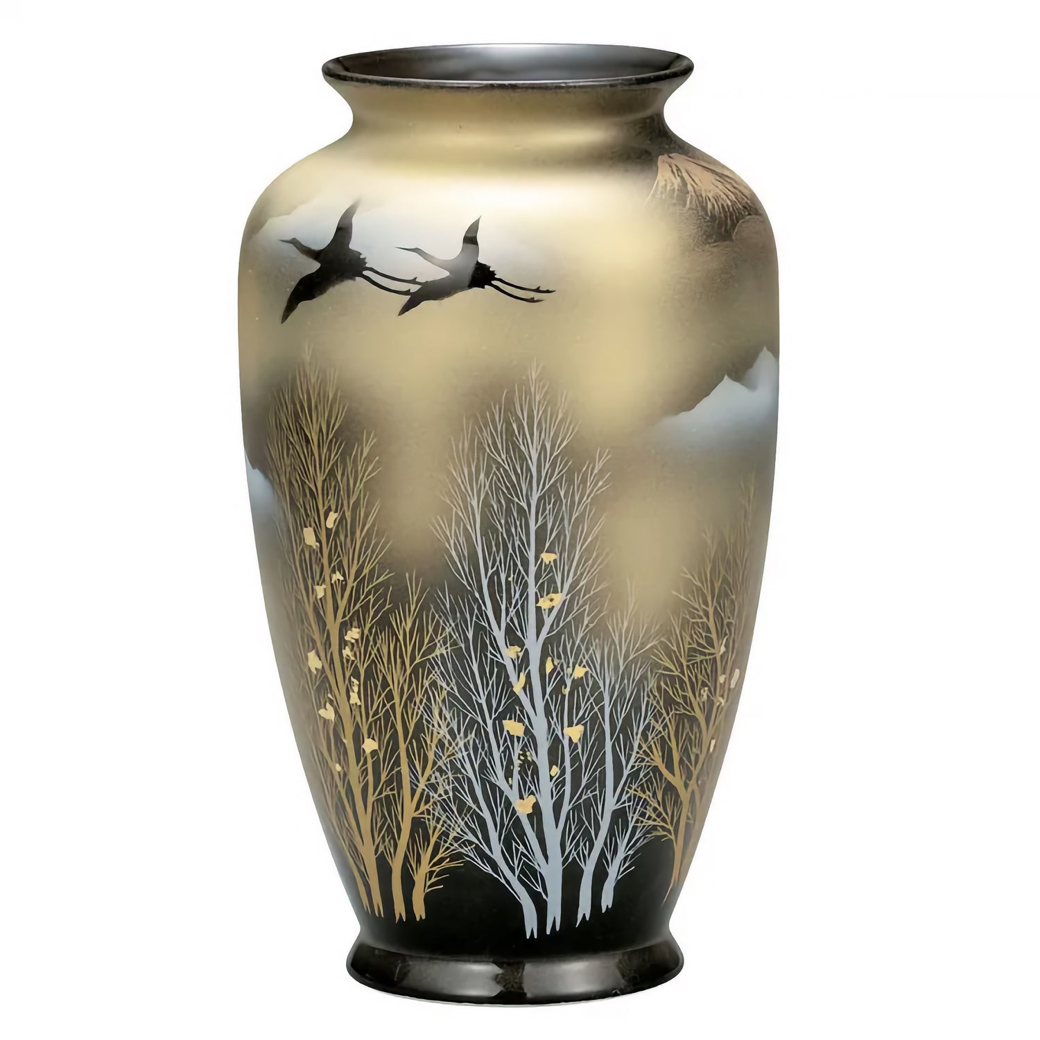JAPANESE KUTANI WARE VASE – GOLD LEAF FOREST & MOUNTAINS WITH CRANES (GIFT BOXED)