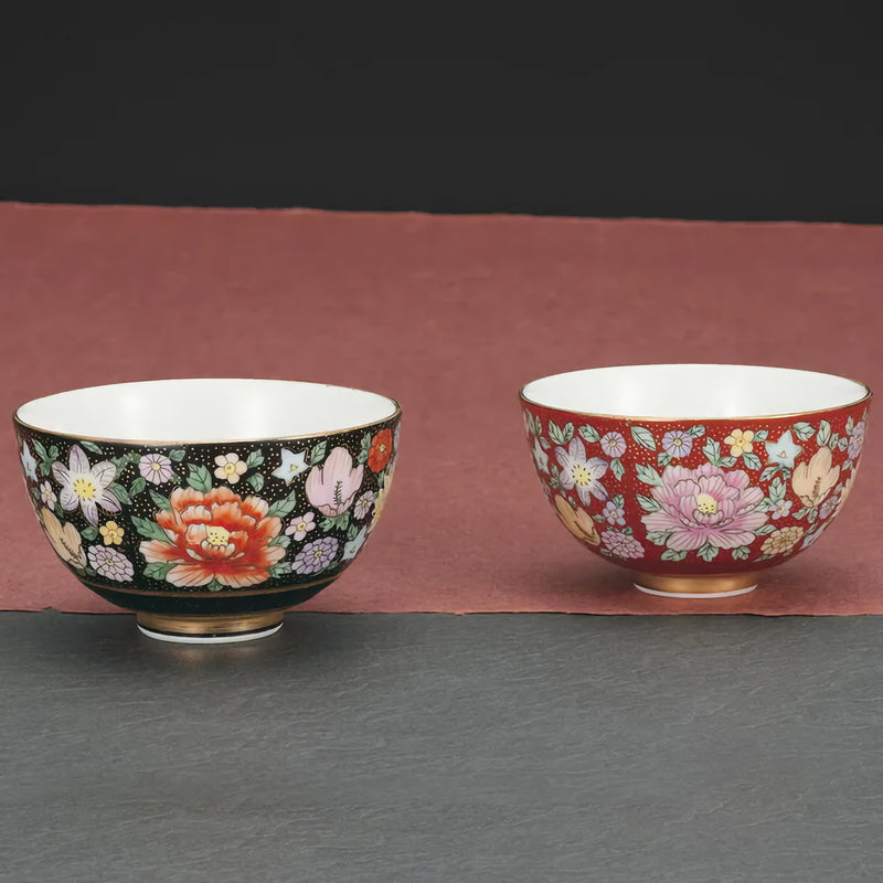 KUTANI WARE PAIR RICE BOWLS – HANA-ZUME DESIGN / TAISHI KILN (GIFT BOXED)