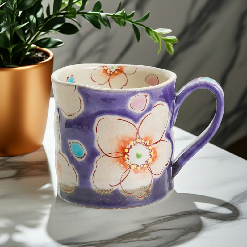KUTANI WARE MUG CUP VIOLET FLOWER ULALA /KOKUZOU KLIN